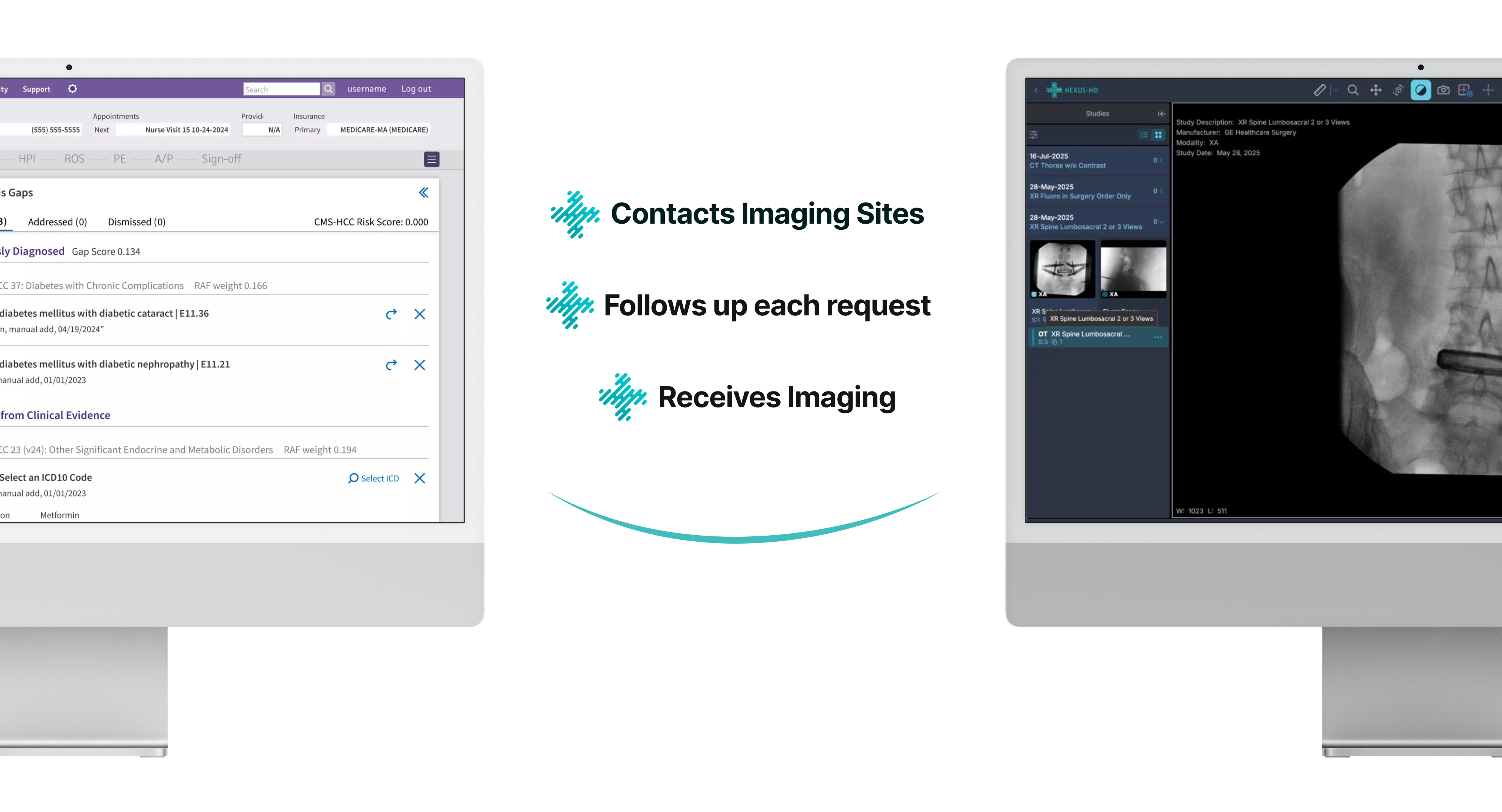 Complete Nexus workflow showing EHR interface on left, three workflow steps in center (Contacts Imaging Sites, Follows up each request, Receives Imaging), and PACS DICOM viewer with spine X-ray on right